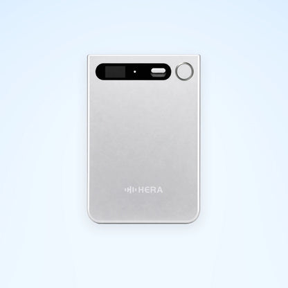 Silver Hera Card AI voice recorder on a pale blue square background